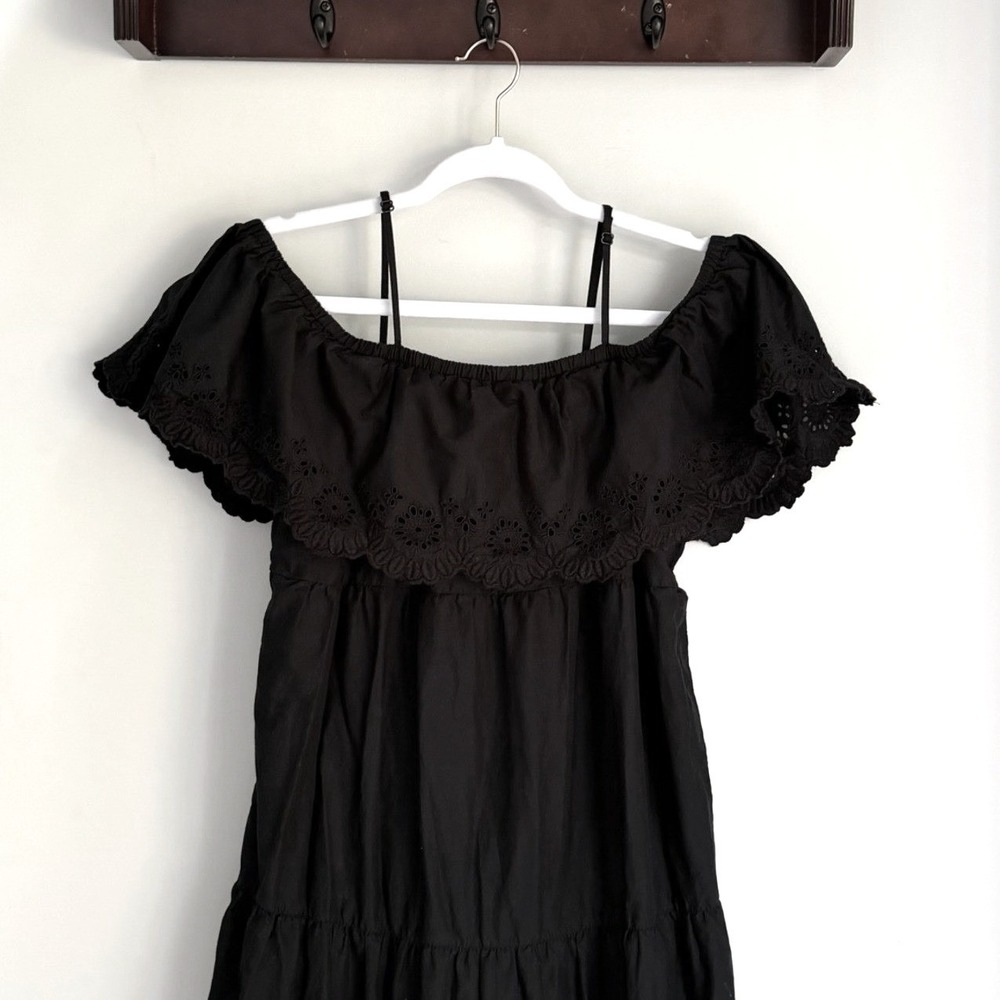 Old Navy Black Maxi Dress Eyelet Off The Shoulder Ruffle Tiered 100% Cotton SZ M - Picture 2 of 12